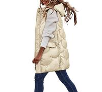 Shffuw Women's Long Hooded Quilted Gilets Zip Up Sleeveless Waistcoat Shiny Padded Winter Down Jacket with Metallic Finish Longline Body Warmer Thick Parka Tank Top Outwear Coat with Pockets