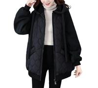 Shffuw Womens Patchwork Puffer Jacket, Demi Season Hooded Cotton Coat with Pockets, Zip Up Loose Fit Lightweight Overcoat for Commute and City Walking