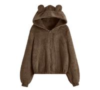 Shffuw Women's Plush Hooded Coat with Ears, Winter Loose Solid Color Zip Up Jacket Warm Soft Casual Overcoat Fashion Comfy Overcoat for Walking & Everyday (Brown, M)