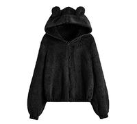 Shffuw Women's Plush Hooded Coat with Ears, Winter Loose Solid Color Zip Up Jacket Warm Soft Casual Overcoat Fashion Comfy Overcoat for Walking & Everyday (Black, XXL)