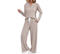 Shffuw Women's Ribbed Knit Pajama Sets Button Down Collar Pocket Pants 2 Piece Loungewear Soft Comfortable Sleepwear Outfits Ladies Comfy Cuddly Nightwear Khaki