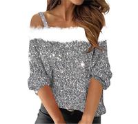 Shffuw Women's Sexy Shirt Off Shoulder Plush Neck Christmas Tops Snowflake Print Long Sleeve Casual Holiday Blouse Cozy Casual Wear Trendy subtle Pullover Oversized Lightweight Xmas Tee Shirts Ladies