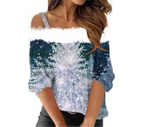 Shffuw Women's Sexy Shirt Snowflake Print Long Sleeve Going Out Blouse Off Shoulder Plush Neck Christmas Tops Comfortable Top Lightweight Loose Fit Pullover Trendy Casual Ladies Xmas Tshirts Blue
