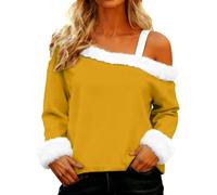 Shffuw Women's Solid Color Cotton Sweatshirt for Ladies Christmas Plush Collar Slanted Neck Faux Cotton Casual Pullover Cozy Soft Winter Wear Cute Stylish Elegant Top Womens Xmas T Shirts Yellow