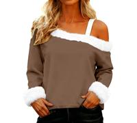 Shffuw Women's Solid Color Cotton Sweatshirt for Ladies Christmas Plush Collar Slanted Neck Faux Cotton Casual Pullover Cozy Soft Winter Wear Cute Stylish Elegant Top Womens Xmas T Shirts Brown