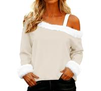 Shffuw Women's Solid Color Cotton Sweatshirt for Ladies Christmas Plush Collar Slanted Neck Faux Cotton Casual Pullover Cozy Soft Winter Wear Cute Stylish Elegant Top Womens Xmas T Shirts Beige