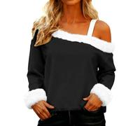 Shffuw Women's Solid Color Cotton Sweatshirt for Ladies Christmas Plush Collar Slanted Neck Faux Cotton Casual Pullover Cozy Soft Winter Wear Cute Stylish Elegant Top Womens Xmas T Shirts Black