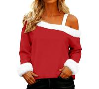 Shffuw Women's Solid Color Cotton Sweatshirt for Ladies Christmas Plush Collar Slanted Neck Faux Cotton Casual Pullover Cozy Soft Winter Wear Cute Stylish Elegant Top Womens Xmas T Shirts Red