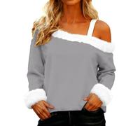 Shffuw Women's Solid Color Cotton Sweatshirt for Ladies Christmas Plush Collar Slanted Neck Faux Cotton Casual Pullover Cozy Soft Winter Wear Cute Stylish Elegant Top Womens Xmas T Shirts Grey
