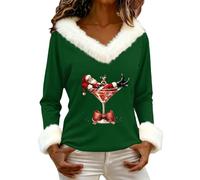Shffuw Women's V Neck Plush Collar Plush Sleeves Christmas Pullover Xmas Special Theme Print Long Sleeve Casual Cozy Festive Top Warm Comfy Soft Shirt Lightweight Stylish Xmas Jumper Women UK Green
