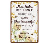 shgwehh Metal Tin Sign Hive Rules Bee Happy Retro Vintage Funny Wall Decor Art Mural Hanging Iron Painting for Home Garden Bar Pub Kitchen Living Room Office Garage Poster Plaque, 8 x 12 Inch