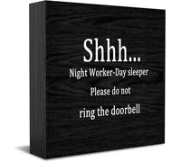 Shhh...Night Worker-Day Sleeper Please Do Not Ring Doorbell Wooden Box Sign Decorative Funny Office Wood Box Sign Home Office Decor Rustic Farmhouse Square Desk Decor Sign For Shelf 5 X 5 Inches