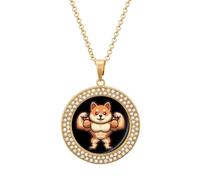 Shiba Dog Buff Bodybuilder Circle Pendant Necklace for Women 1.3" | Elegant Casual Alloy Steel Multicolored Sliver/Gold with Diamonds