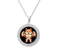 Shiba Dog Buff Bodybuilder Circle Pendant Necklace for Women 1.3" | Elegant Casual Alloy Steel Multicolored Sliver/Gold with Diamonds