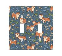 Shiba Double Light Switch Cover Plate, Playful Nature Flowers Clovers None Blue Plastic Standard Size Toggle Light Switch Cover for Home Living Room New Apartment Decor