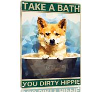 Shiba Inu 8x12 Inch Aluminum Sign for Dog Lovers Take A Bath You Dirty Hippie-Vintage Retro Dog Metal Wall Art,Dog Hippie Metal Tin Sign for Home Toilet Bathroom