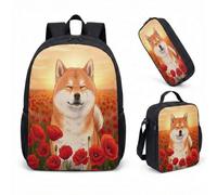 Shiba Inu Cute Dog 17 Inch Backpack Set Kids School Bag 3 Piece with Lunch Box Pencil Case Kawaii Puppy Bone Pattern (09)