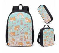 Shiba Inu Cute Dog 17 Inch Backpack Set Kids School Bag 3 Piece with Lunch Box Pencil Case Kawaii Puppy Bone Pattern (06)