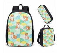 Shiba Inu Cute Japanese Pattern 17 inch Backpack 3 Piece Set School Bookbag Lunch Bag Pen Case Kawaii Cartoon Style (01)