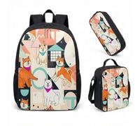 Shiba Inu Cute Japanese Pattern 17 inch Backpack 3 Piece Set School Bookbag Lunch Bag Pen Case Kawaii Cartoon Style (02)