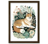 Shiba Inu Dog Lying in Flower Field Modern Stylised Illustration Artwork Framed Wall Art Print A4 Artery8 Brown One Size