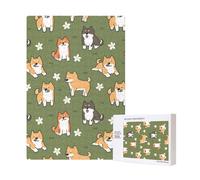 Shiba Inu Dog Pattern Flower Green Background,300 Pieces Wooden Jigsaw Family Game Jigsaw Puzzles for Adults Teens