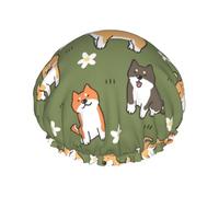 Shiba Inu Dog Pattern Flower Green Background,Shower Cap Nightcap Double Layer Waterproof Elastic Bath Cap Reusable Hair Cap