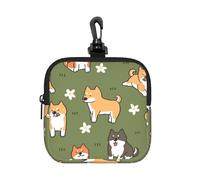 Shiba Inu Dog Pattern Flower Green Background, Square Zipper Storage Bag, Neoprene Coin Purse, Small Wallets, Change Pouch, Change Purse
