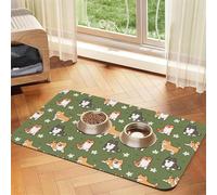 Shiba Inu Dog Pattern Flower Green Background,Waterproof Pet Feeding Mat,Cat Dog Placemats for Food and Water, PU Leather Food Mats,40x60cm