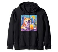 Shiba Inu Drinking Bubble Tea Dog Art Zip Hoodie