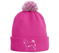 Shiba Inu Embroidered Bobble Hat Dog Owners Gifts Puppy Walking Warm Winter Beanie Hat Womens, One Size, Bright Pink