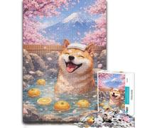 Shiba Inu in Hot Spring with Mt. Fuji Jigsaw Puzzle for Adults, 1000 Pieces | Adult Puzzle: piece-by-piece progress toward a clear completion goal during indoor leisure.