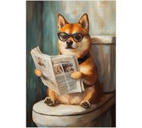 Shiba Inu on Toilet Jigsaw Puzzle 1000 Pieces for Adults - Quirky Dog Reading Newpaper with Glasses - Dog Bathroom Decor Puzzles