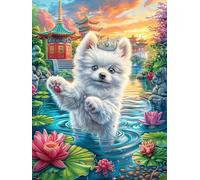 Shiba Inu Puppy on A Lotus Flower 300 Pieces Classic Jigsaw Puzzle Science Fiction Magical Dream Puzzle for Adults Concentration Training Wall Art Mental Exercise Cardboa