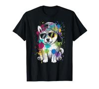 Shiba Inu Puppy Paint Splashes w Cap and Sunglasses T-Shirt