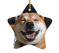 Shiba Inu smile tongue out Christmas Ceramic Star Ornament with Hanging Cord, Double-Sided Print Hanging Decoration for Home & Tree