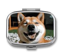 Shiba Inu Smile Tongue Out Pill Box 2 Compartment - Small Metal Medicine Organizer Portable Pill Case for Purse Pocket Travel Vitamin Organizer for Men Women, BPA-Free