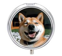 Shiba Inu Smiling Pill Box 3 Compartment Travel Pill Organizer 3 Times A Day Cute Mini Pill Case for Purse & Pocket Portable Metal Medicine Box with Mirror Round Daily Medicine Vitamin Container