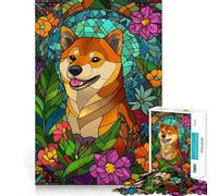 Shiba Inu Stained Glass Jigsaw Puzzles 1000 Piece for Teenagers Enhance Memory Leisure Time Solid Cut Santa Wish Item 38x26cm