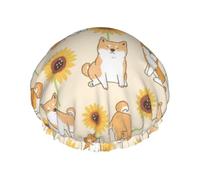 Shiba Inu Sunflower,Shower Cap Nightcap Double Layer Waterproof Elastic Bath Cap Reusable Hair Cap