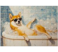 Shiba Inu Taking Bubble Bath Jigsaw Puzzle 1000 Pieces for Adults - Shiba Inu on a Bathtub in Bathroom - Pet Shower Decor Puzzles