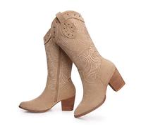 SHIBEVER Cowboy Boots for Women Embroidered Cowgirl Western Boot Chunky Heel Suede Knee High Pull On Tabs Boots, Apricot, 7 UK