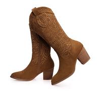 SHIBEVER Cowboy Boots for Women Pointed Toe Pull-On Cowgirl Boots Mid Calf Western Embroidered Booties, Camel, 6 UK