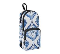 Shibori Waves Blue White Line Art Pencil Case, Big Capacity Pen Bag with Compartment Students Schoolbag Shape Stationery Organizer Pencil Pouch Marker Case for School Office Work