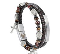 SHIEAGLELD Men's Leather Bracelet, Catholic Bracelet with Cross and St. Benedict Medal, Men's Tiger's Eye Spiritual Gift for Dad, Husband, Boyfriend, Brothers, 19cm, Stainless Steel