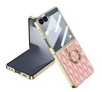 SHIEID Galaxy Z Flip 7 Case with Ring Stand - Luxury Diamond Quilted Leather Cover with Gold Electroplated Frame, Soft Touch Protective Case for Samsung Galaxy Z Flip 7, Rose Pink