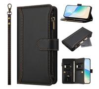 SHIEID Zipper Wallet Case Compatible with Honor Magic8 Pro Air, Premium Handmade PU Leather Honor Magic8 Pro Air Phone Cases Card Slots Magnetic Closure Pocket Kickstand with Hand Strap Black