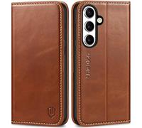 SHIELDON Case for Galaxy S25 FE, Genuine Leather Wallet Folio Case [Kickstand][RFID Blocking][Card Holder] Magnetic Full Protection Phone Cover Compatible with Galaxy S25 FE 2025 - Retro Brown
