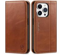 SHIELDON Case for iPhone 15 Pro 5G, Genuine Leather Folio Wallet Magnetic Shock Absorbing Case with [RFID Blocking][Card Holder][Kickstand] Flip Cover Compatible with iPhone 15 Pro 6.1" - Retro Brown