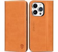SHIELDON Case for iPhone 15 Pro, Genuine Leather Folio Case with [Card Holder][RFID Blocking][Kickstand][Shockproof TPU Shell] Magnetic Protective Flip Cover Compatible with iPhone 15 Pro 5G - Brown
